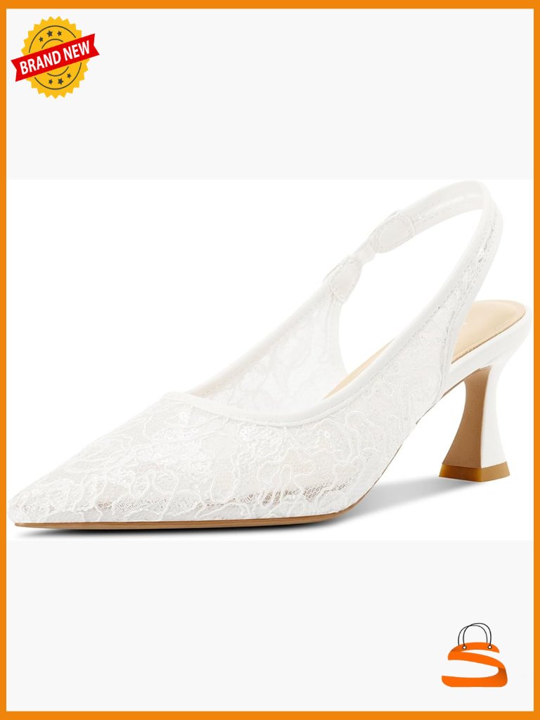 Lace Mesh Slingback Heels Closed Toe Wedding Pumps Kitten Heel 2.5in